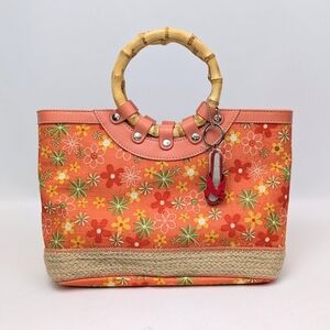 CL America Tote Bag Floral Canvas Faux Bamboo Handles Jute Beachy Coastal Coral